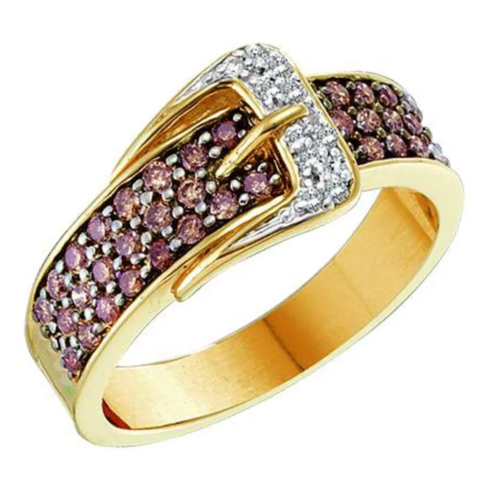 mayamila Rings 14kt Yellow Gold Womens Round Cognacbrown Color Enhanced Diamond Belt Buckle Band Ring 12 Cttw