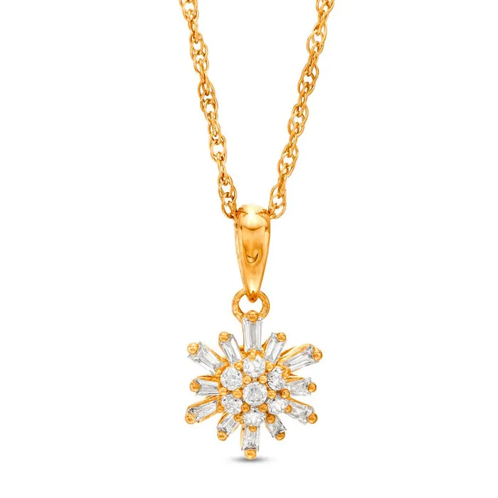 02 CT TW Baguette and Round Natural Diamond Sunburst Pendant in 10K Yellow Gold Goldia Necklaces 02 CT TW Baguette and Round Natural Diamond Sunburst Pendant in 10K Yellow Gold Goldia Necklaces