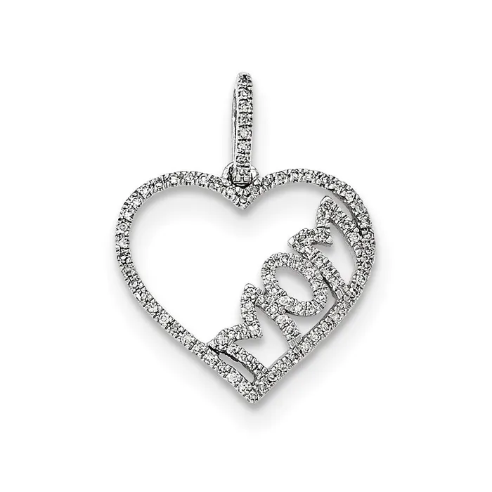 14k White Gold Real Diamond MOM Heart Pendant Goldia Necklaces