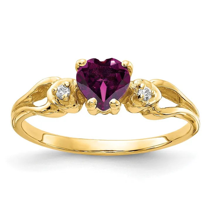 14k Yellow Gold 5mm Heart Rhodolite Garnet VS Diamond ring Goldia Rings