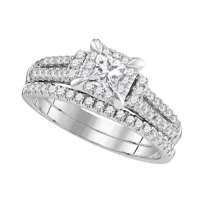 gndatlanta 14k White Gold Princess Diamond Halo Bridal Wedding Ring Set 1 Cttw Rings gndatlanta 14k White Gold Princess Diamond Halo Bridal Wedding Ring Set 1 Cttw Rings