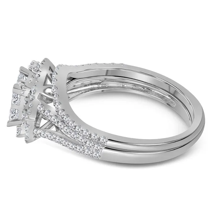gndatlanta 14k White Gold Princess Diamond Halo Bridal Wedding Ring Set 1 Cttw Rings