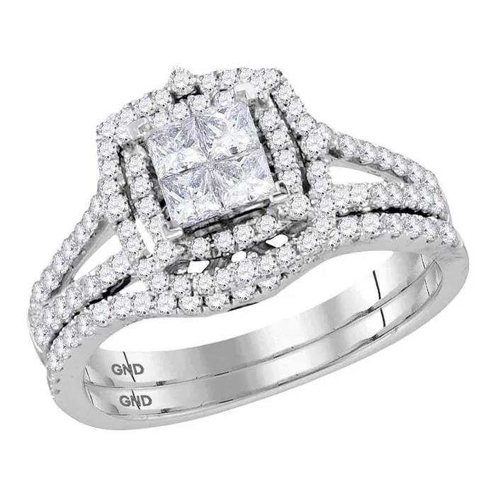gndatlanta 14k White Gold Princess Diamond Halo Bridal Wedding Ring Set 1 Cttw Rings