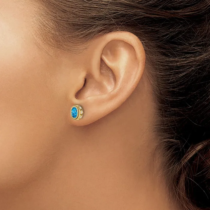 Goldia Earrings Solid 14k Yellow Gold Oval Simulated Blue Topaz and CZ Earrings Goldia Earrings Solid 14k Yellow Gold Oval Simulated Blue Topaz and CZ Earrings