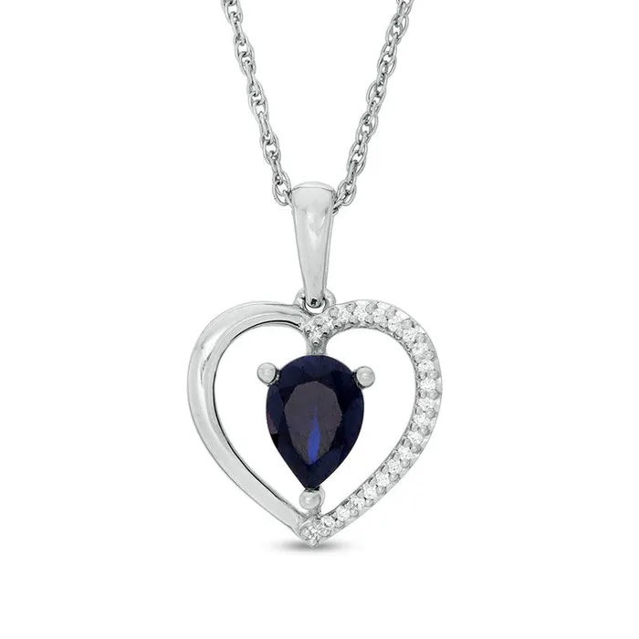 Goldia Necklaces PearShaped LabCreated Blue Sapphire and 005 CT TW Diamond Heart Pendant in Sterling Silver Goldia Necklaces PearShaped LabCreated Blue Sapphire and 005 CT TW Diamond Heart Pendant in Sterling Silver