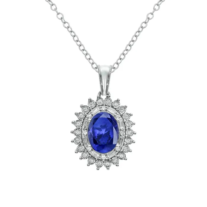 Goldia Oval LabCreated Blue Sapphire and 013 CT TW Diamond Starburst Double Frame Drop Pendant in Sterling Silver Necklaces
