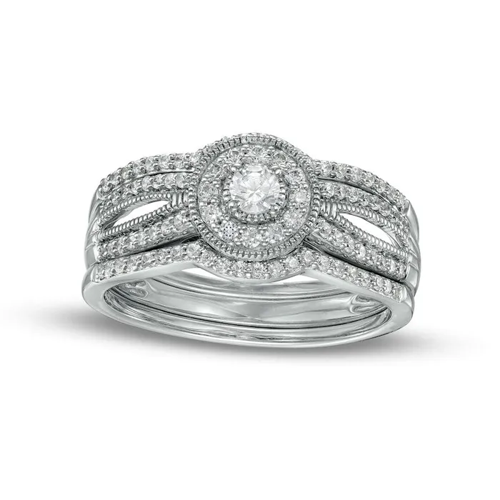 Goldia Rings 050 CT TW Natural Diamond Frame Antique VintageStyle Three Piece Bridal Engagement Ring Set in Sterling Silver JI3 Goldia Rings 050 CT TW Natural Diamond Frame Antique VintageStyle Three Piece Bridal Engagement Ring Set in Sterling Silver JI3