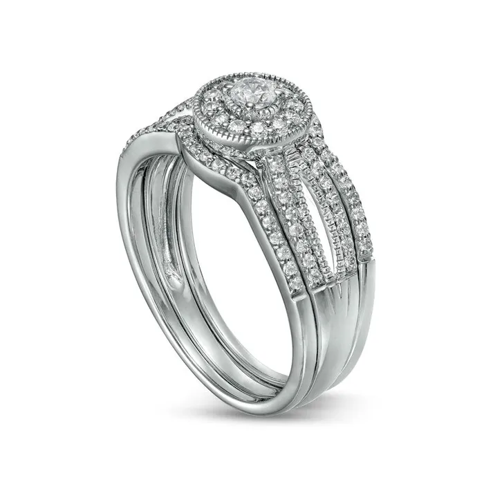 Goldia Rings 050 CT TW Natural Diamond Frame Antique VintageStyle Three Piece Bridal Engagement Ring Set in Sterling Silver JI3 Goldia Rings 050 CT TW Natural Diamond Frame Antique VintageStyle Three Piece Bridal Engagement Ring Set in Sterling Silver JI3