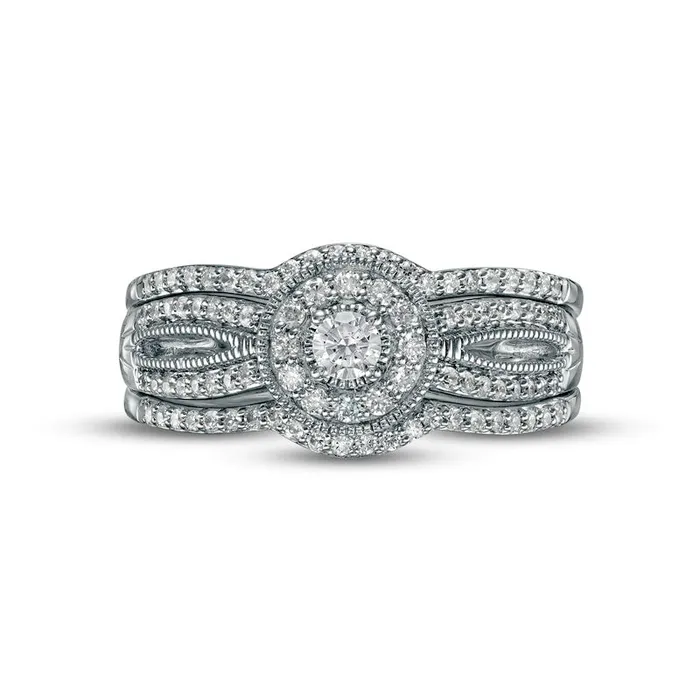 Goldia Rings 050 CT TW Natural Diamond Frame Antique VintageStyle Three Piece Bridal Engagement Ring Set in Sterling Silver JI3 Goldia Rings 050 CT TW Natural Diamond Frame Antique VintageStyle Three Piece Bridal Engagement Ring Set in Sterling Silver JI3