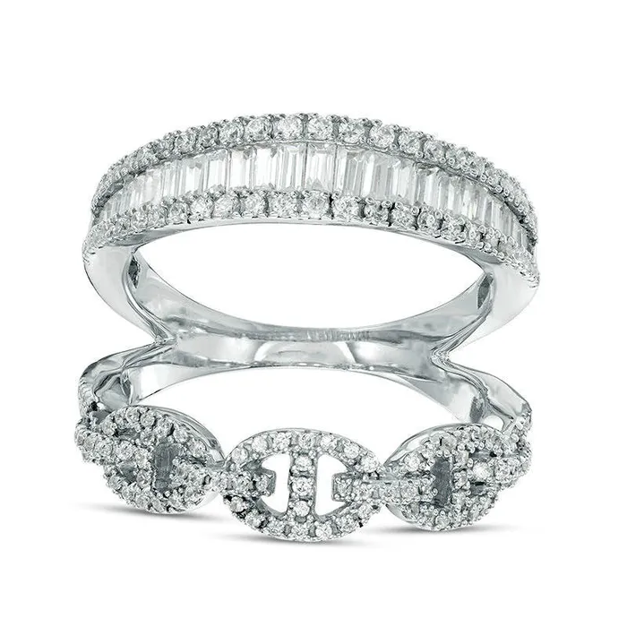 Goldia Rings 10 CT TW Baguette and Round Natural Diamond Open Stacked Ring in Solid 10K White Gold Goldia Rings 10 CT TW Baguette and Round Natural Diamond Open Stacked Ring in Solid 10K White Gold