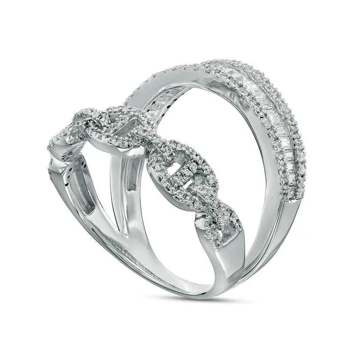 Goldia Rings 10 CT TW Baguette and Round Natural Diamond Open Stacked Ring in Solid 10K White Gold Goldia Rings 10 CT TW Baguette and Round Natural Diamond Open Stacked Ring in Solid 10K White Gold