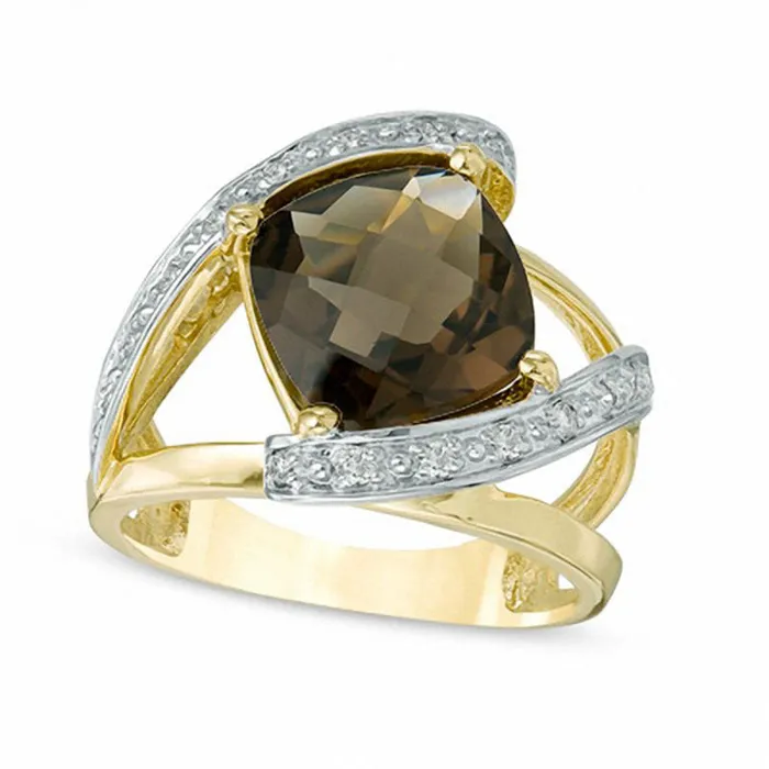 Goldia Rings 100mm CushionCut Smoky Quartz and 017 CT TW Natural Diamond Bypass Split Shank Ring in Solid 10K Yellow Gold Goldia Rings 100mm CushionCut Smoky Quartz and 017 CT TW Natural Diamond Bypass Split Shank Ring in Solid 10K Yellow Gold