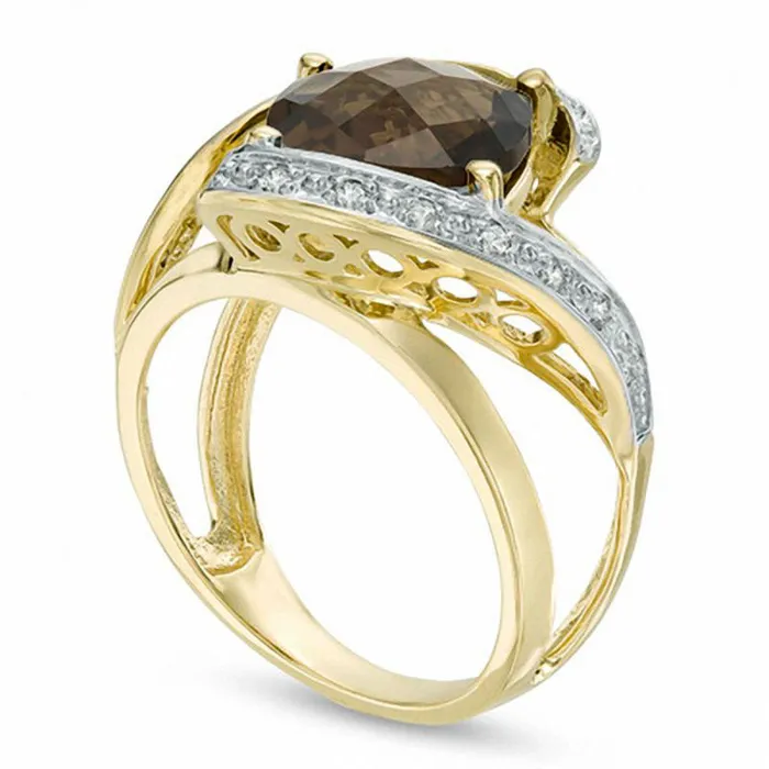 Goldia Rings 100mm CushionCut Smoky Quartz and 017 CT TW Natural Diamond Bypass Split Shank Ring in Solid 10K Yellow Gold Goldia Rings 100mm CushionCut Smoky Quartz and 017 CT TW Natural Diamond Bypass Split Shank Ring in Solid 10K Yellow Gold