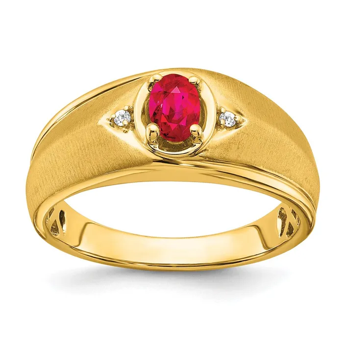 Goldia Rings 14K Yellow Gold Oval Ruby and Real Diamond Mens Ring