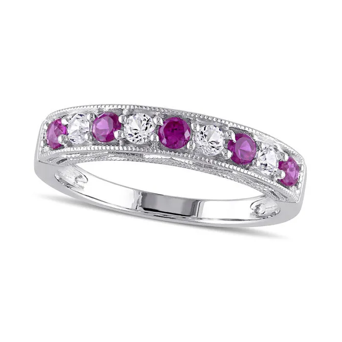 LabCreated Ruby and White Sapphire Antique VintageStyle Stackable Band in Sterling Silver Goldia Rings