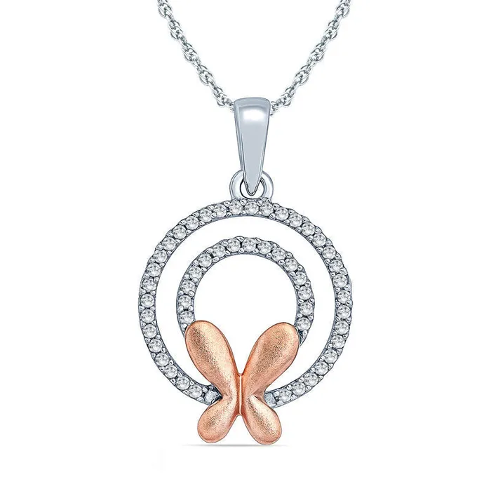 Necklaces 01 CT TW Natural Diamond Butterfly Double Circle Pendant in Sterling Silver and 10K Rose Gold Goldia Necklaces 01 CT TW Natural Diamond Butterfly Double Circle Pendant in Sterling Silver and 10K Rose Gold Goldia