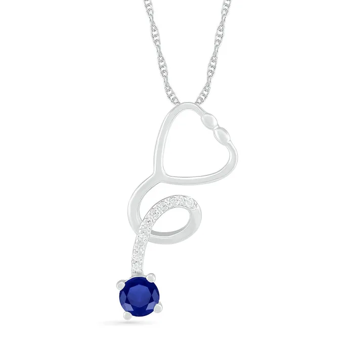 Necklaces 30mm LabCreated Blue and White Sapphire Tilted Loop Stethoscope Pendant in Sterling Silver Goldia Necklaces 30mm LabCreated Blue and White Sapphire Tilted Loop Stethoscope Pendant in Sterling Silver Goldia