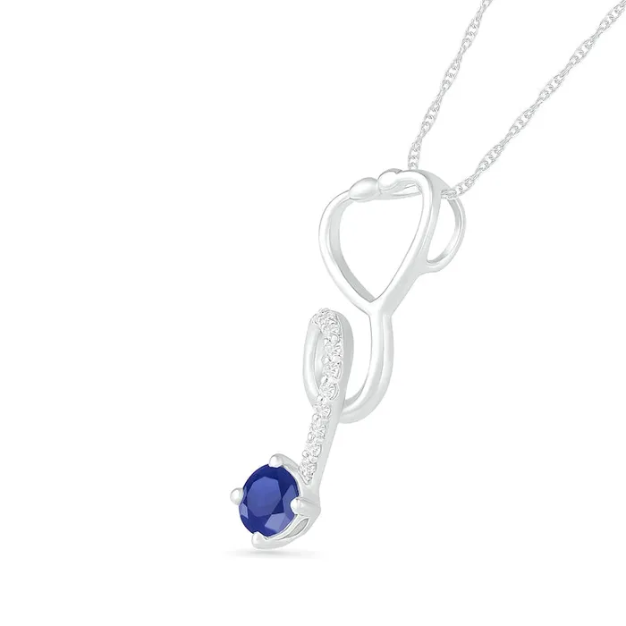 Necklaces 30mm LabCreated Blue and White Sapphire Tilted Loop Stethoscope Pendant in Sterling Silver Goldia Necklaces 30mm LabCreated Blue and White Sapphire Tilted Loop Stethoscope Pendant in Sterling Silver Goldia