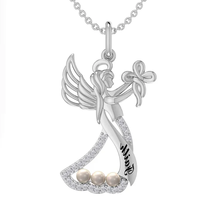 Necklaces Goldia Cultured Freshwater Pearl and 005 CT TW Natural Diamond Etched Faith Cross Guardian Angel Pendant in Sterling Silver Necklaces Goldia Cultured Freshwater Pearl and 005 CT TW Natural Diamond Etched Faith Cross Guardian Angel Pendant in Sterling Silver
