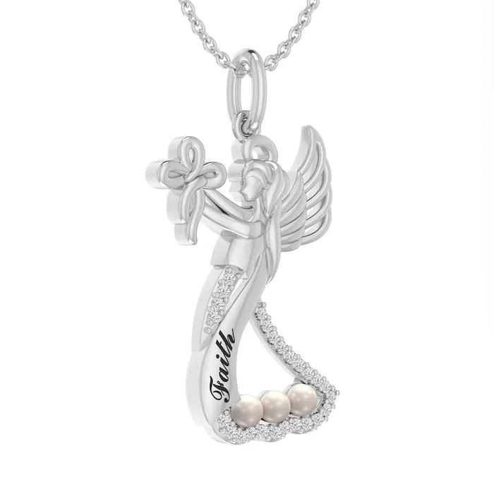 Necklaces Goldia Cultured Freshwater Pearl and 005 CT TW Natural Diamond Etched Faith Cross Guardian Angel Pendant in Sterling Silver Necklaces Goldia Cultured Freshwater Pearl and 005 CT TW Natural Diamond Etched Faith Cross Guardian Angel Pendant in Sterling Silver
