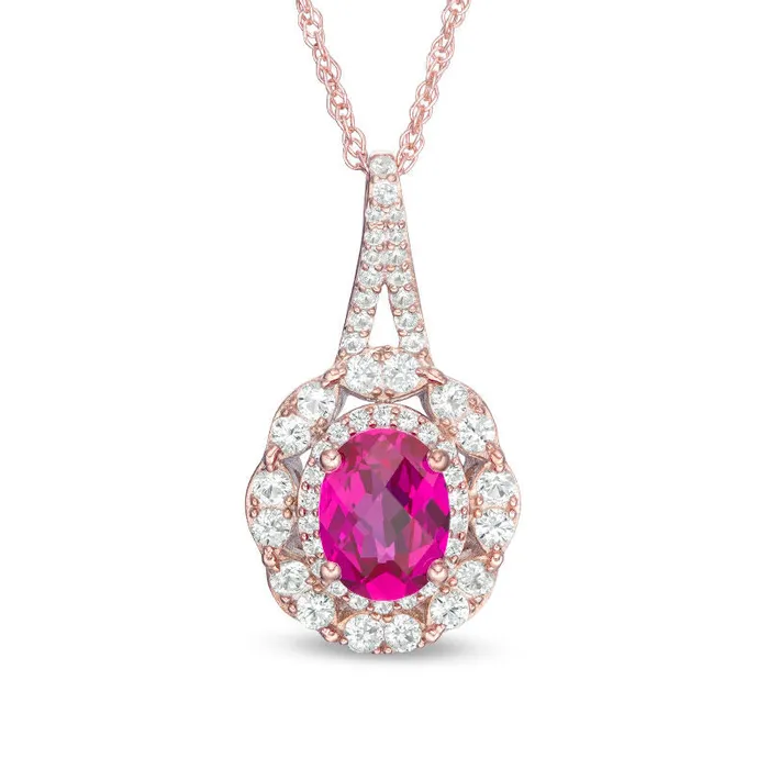 Oval LabCreated Ruby and White Sapphire Double Frame Pendant in Sterling Silver with 14K Rose Gold Plate Goldia Necklaces Oval LabCreated Ruby and White Sapphire Double Frame Pendant in Sterling Silver with 14K Rose Gold Plate Goldia Necklaces