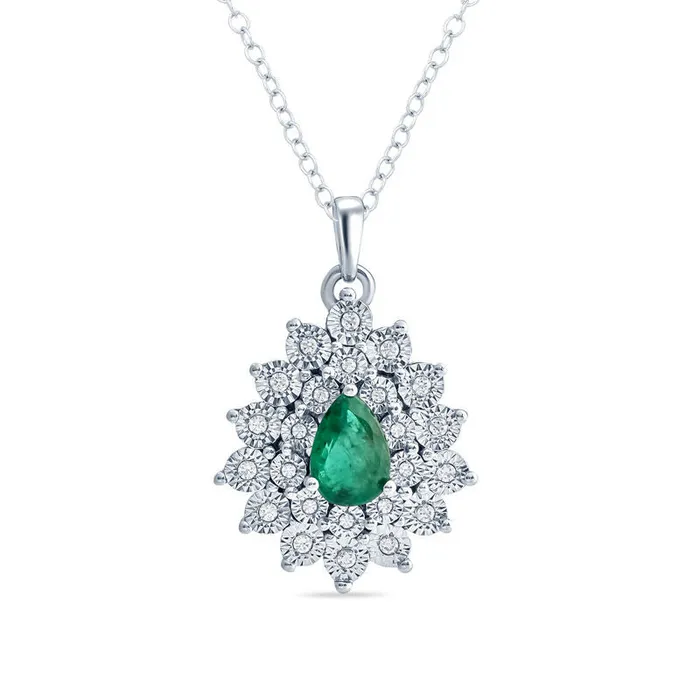 PearShaped LabCreated Emerald and 01 CT TW Diamond Starburst Frame Pendant in Sterling Silver Goldia Necklaces PearShaped LabCreated Emerald and 01 CT TW Diamond Starburst Frame Pendant in Sterling Silver Goldia Necklaces