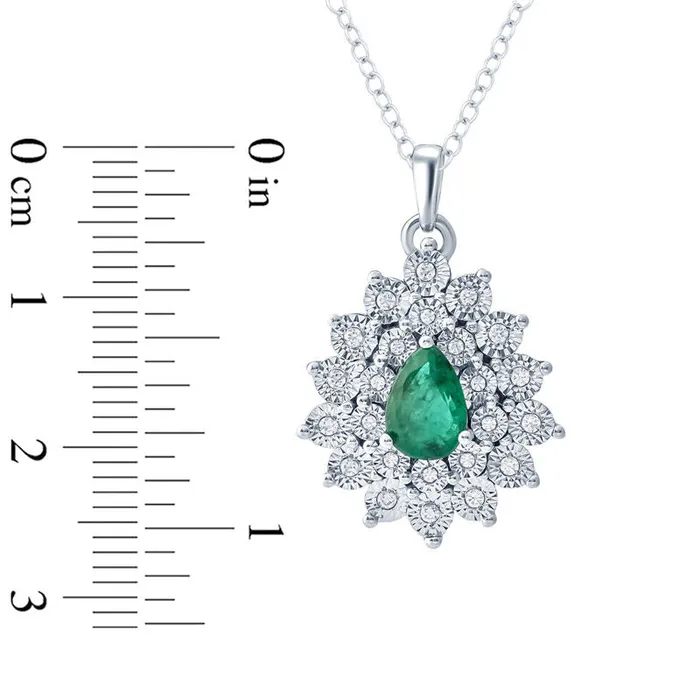 PearShaped LabCreated Emerald and 01 CT TW Diamond Starburst Frame Pendant in Sterling Silver Goldia Necklaces PearShaped LabCreated Emerald and 01 CT TW Diamond Starburst Frame Pendant in Sterling Silver Goldia Necklaces
