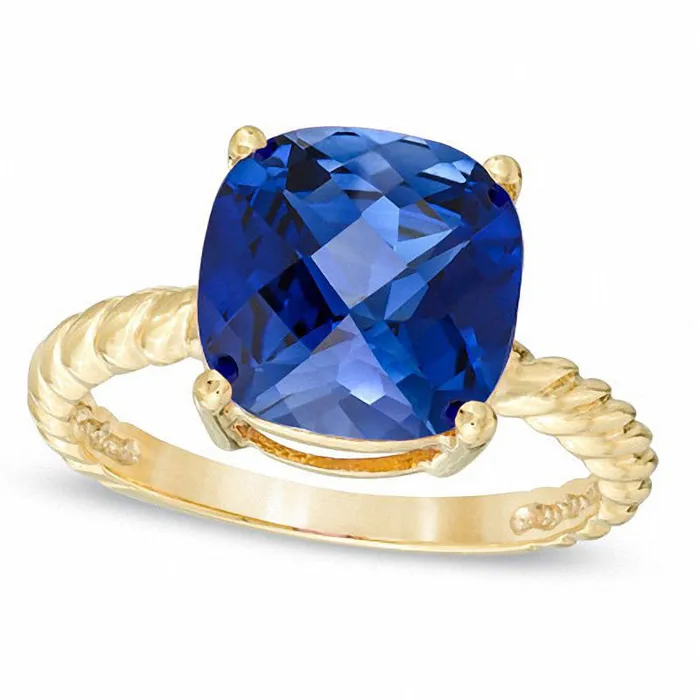 Rings Goldia 100mm CushionCut LabCreated Blue Sapphire Ring in Solid 10K Yellow Gold Rings Goldia 100mm CushionCut LabCreated Blue Sapphire Ring in Solid 10K Yellow Gold