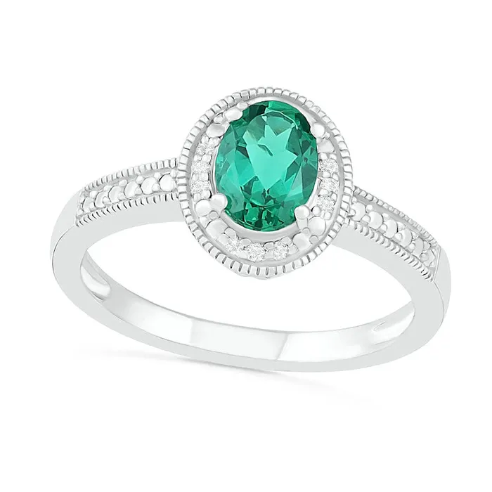 Rings Goldia Oval LabCreated Emerald and 005 CT TW Diamond Beaded Frame Antique VintageStyle Ring in Sterling Silver Rings Goldia Oval LabCreated Emerald and 005 CT TW Diamond Beaded Frame Antique VintageStyle Ring in Sterling Silver