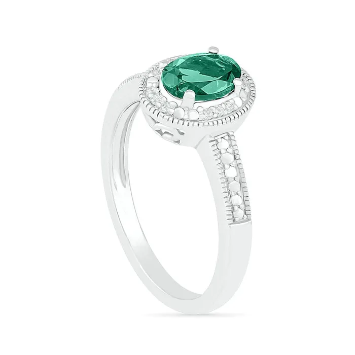 Rings Goldia Oval LabCreated Emerald and 005 CT TW Diamond Beaded Frame Antique VintageStyle Ring in Sterling Silver Rings Goldia Oval LabCreated Emerald and 005 CT TW Diamond Beaded Frame Antique VintageStyle Ring in Sterling Silver