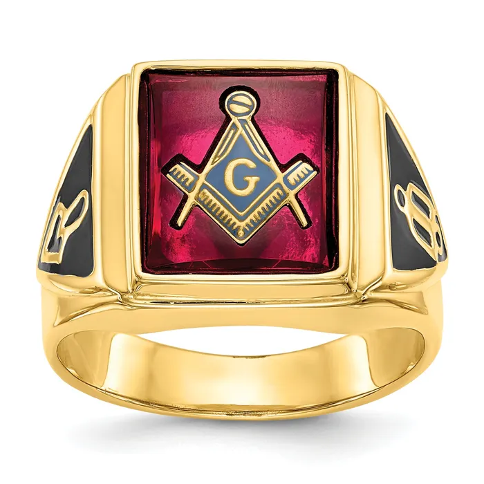 Solid 14k Yellow Gold Mens Synthetic Simulated Ruby Masonic Ring Goldia Rings Solid 14k Yellow Gold Mens Synthetic Simulated Ruby Masonic Ring Goldia Rings
