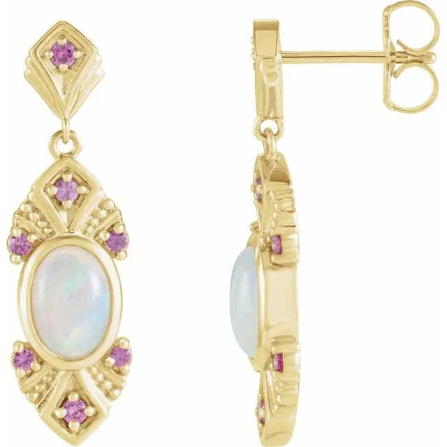 14K Yellow Gold Natural Ethiopian Opal Natural Pink Sapphire VintageInspired Earrings TreasureFineJewelers Earrings 14K Yellow Gold Natural Ethiopian Opal Natural Pink Sapphire VintageInspired Earrings TreasureFineJewelers Earrings