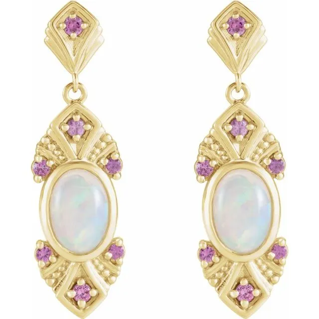 14K Yellow Gold Natural Ethiopian Opal Natural Pink Sapphire VintageInspired Earrings TreasureFineJewelers Earrings