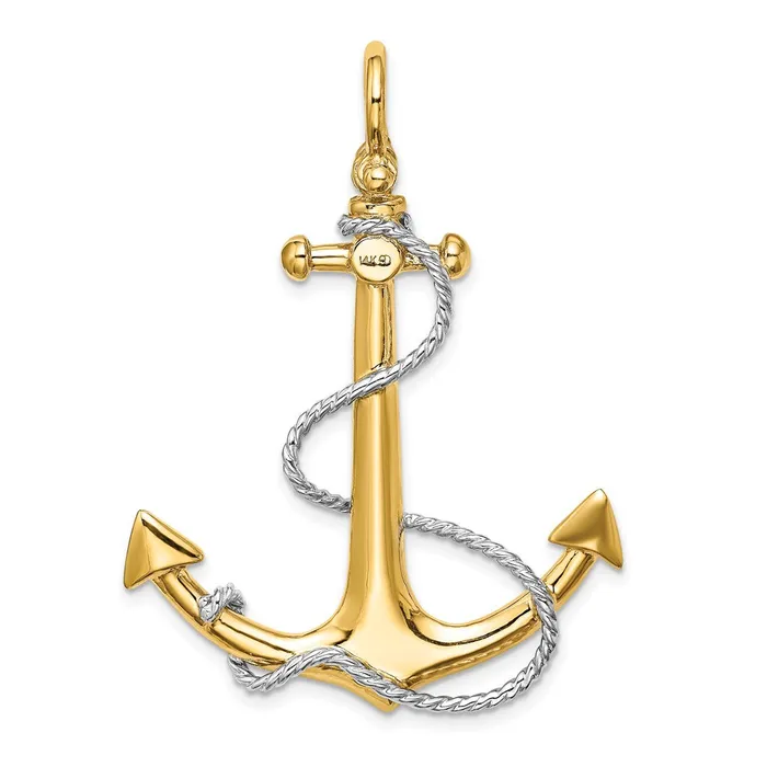 Charm Necklaces 14K wRhodium 3D Large Anchor wRope and Shackle Bail Charm TreasureFineJewelers