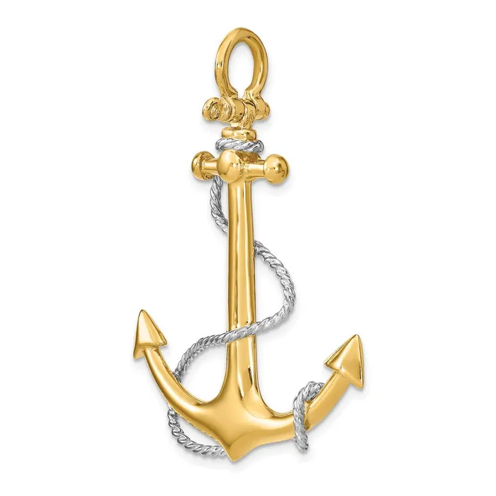 Charm Necklaces 14K wRhodium 3D Large Anchor wRope and Shackle Bail Charm TreasureFineJewelers