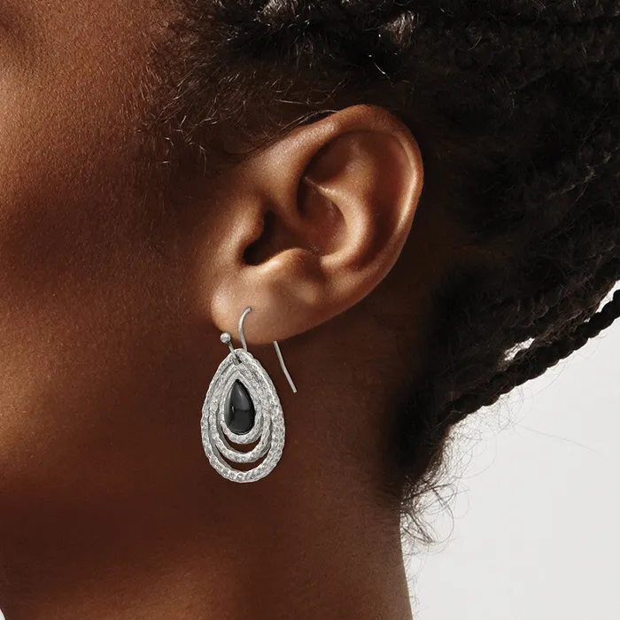 Stainless Steel Polished Textured Black Onyx Shepherd Hook Earrings TreasureFineJewelers Earrings