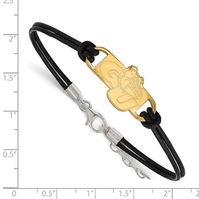 Sterling Silver Goldplated Gonzaga University GU Bulldog Small Center Black Leather 7 inch Bracelet with Extender TreasureFineJewelers Bracelets