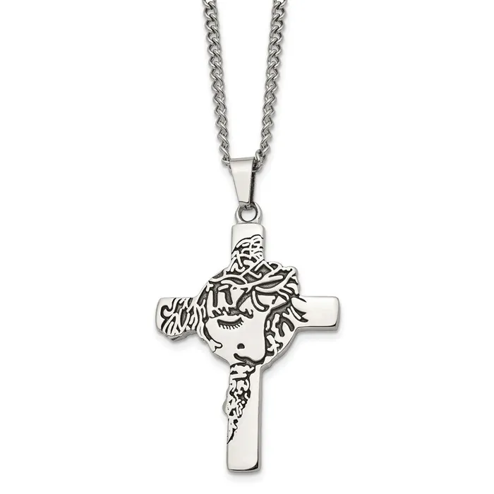 TreasureFineJewelers Necklaces Chisel Stainless Steel Antiqued and Polished Jesus Face Cross Pendant on a 24 inch Curb Chain Necklace TreasureFineJewelers Necklaces Chisel Stainless Steel Antiqued and Polished Jesus Face Cross Pendant on a 24 inch Curb Chain Necklace