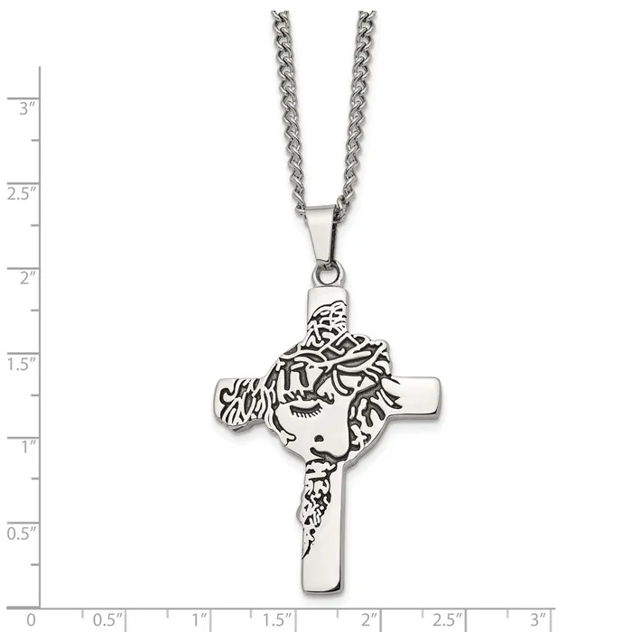 TreasureFineJewelers Necklaces Chisel Stainless Steel Antiqued and Polished Jesus Face Cross Pendant on a 24 inch Curb Chain Necklace