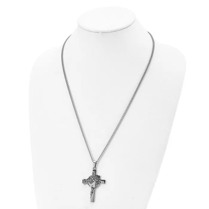 TreasureFineJewelers Necklaces Chisel Stainless Steel Antiqued and Polished Jesus Face Cross Pendant on a 24 inch Curb Chain Necklace