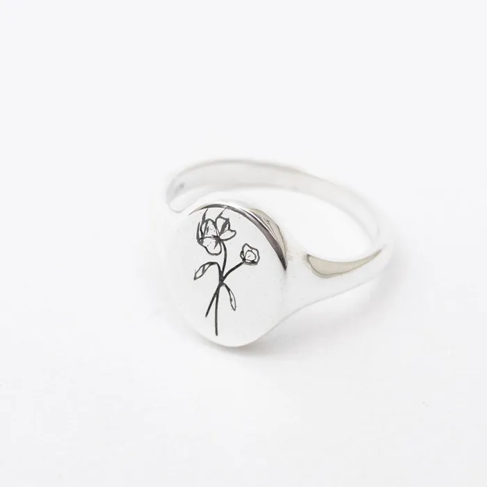 Silver Lotus April Birth Flower Signet Ring Rings