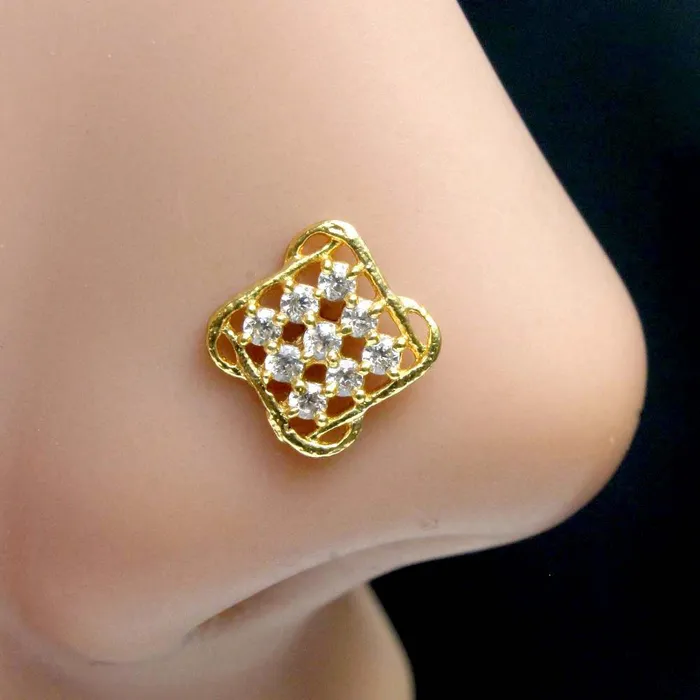 Karizma Jewels Rings Ethnic Square Floral Indian Style Nose ring White CZ Twisted Nose Stud 22g QD Karizma Jewels Rings Ethnic Square Floral Indian Style Nose ring White CZ Twisted Nose Stud 22g QD