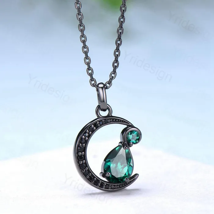 Magic Crescent Moon Black Gold Emerald Necklace Gothic Pendant Necklace Unique Pear Shaped Emerald Black Spinel Necklace Anniversary Gift PENFINE Necklaces Magic Crescent Moon Black Gold Emerald Necklace Gothic Pendant Necklace Unique Pear Shaped Emerald Black Spinel Necklace Anniversary Gift PENFINE Necklaces