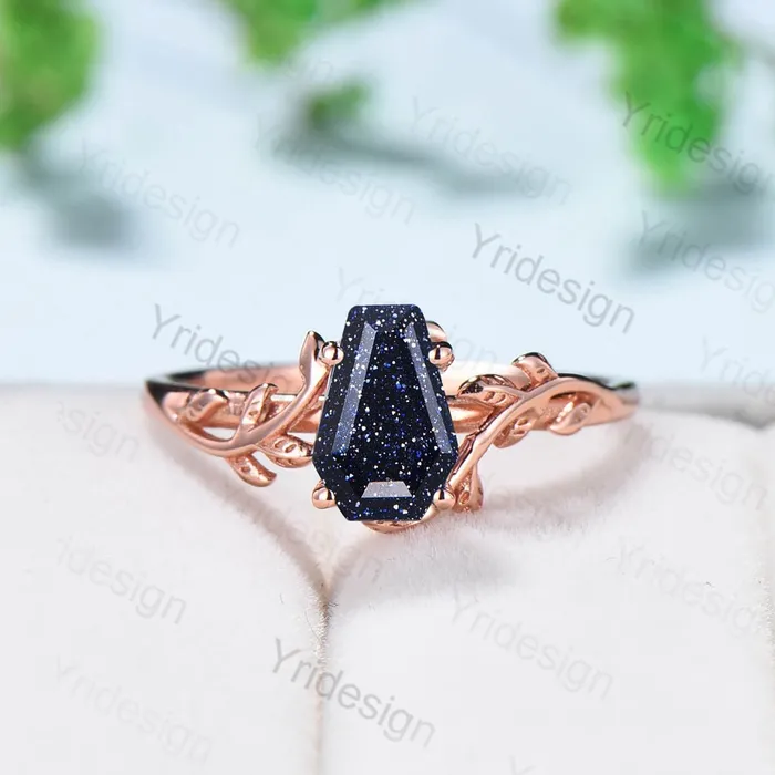 PENFINE Rings Coffin Shaped Blue Sandstone Ring Vintage Unique Galaxy engagement ring Solitaire Gold Natural inspired star sandstone wedding ring women PENFINE Rings Coffin Shaped Blue Sandstone Ring Vintage Unique Galaxy engagement ring Solitaire Gold Natural inspired star sandstone wedding ring women