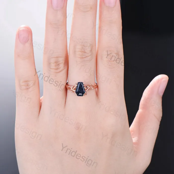 PENFINE Rings Coffin Shaped Blue Sandstone Ring Vintage Unique Galaxy engagement ring Solitaire Gold Natural inspired star sandstone wedding ring women PENFINE Rings Coffin Shaped Blue Sandstone Ring Vintage Unique Galaxy engagement ring Solitaire Gold Natural inspired star sandstone wedding ring women