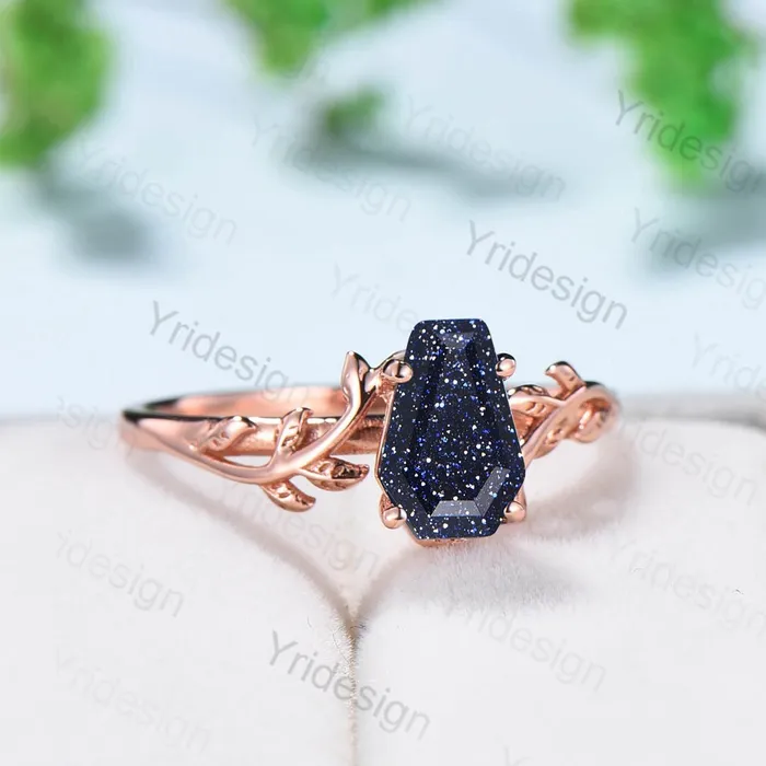 PENFINE Rings Coffin Shaped Blue Sandstone Ring Vintage Unique Galaxy engagement ring Solitaire Gold Natural inspired star sandstone wedding ring women PENFINE Rings Coffin Shaped Blue Sandstone Ring Vintage Unique Galaxy engagement ring Solitaire Gold Natural inspired star sandstone wedding ring women