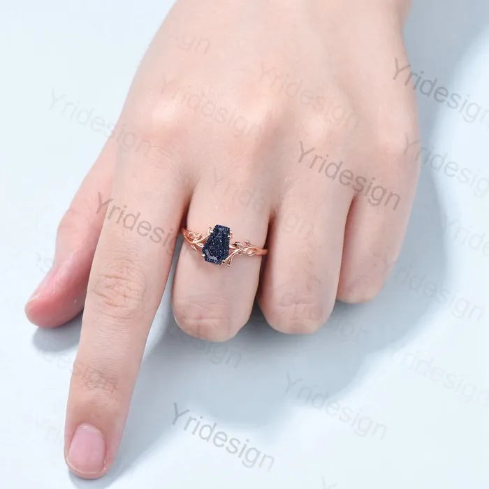 PENFINE Rings Coffin Shaped Blue Sandstone Ring Vintage Unique Galaxy engagement ring Solitaire Gold Natural inspired star sandstone wedding ring women PENFINE Rings Coffin Shaped Blue Sandstone Ring Vintage Unique Galaxy engagement ring Solitaire Gold Natural inspired star sandstone wedding ring women