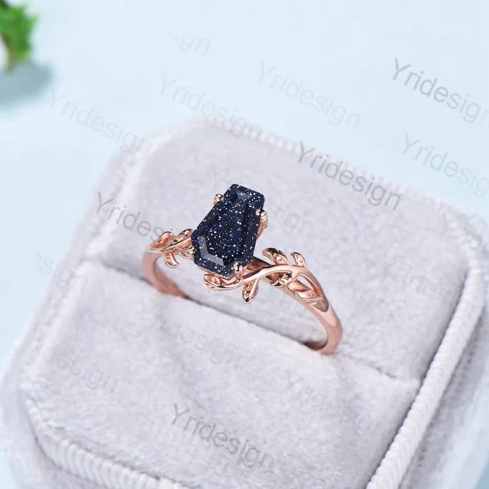 PENFINE Rings Coffin Shaped Blue Sandstone Ring Vintage Unique Galaxy engagement ring Solitaire Gold Natural inspired star sandstone wedding ring women PENFINE Rings Coffin Shaped Blue Sandstone Ring Vintage Unique Galaxy engagement ring Solitaire Gold Natural inspired star sandstone wedding ring women