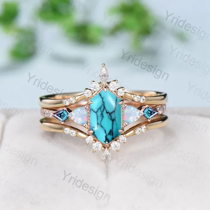 PENFINE Rings Vintage 5X9mm long hexagon turquoise engagement ring set unique triangle fire opal kite alexandrite wedding ring set double curved v band PENFINE Rings Vintage 5X9mm long hexagon turquoise engagement ring set unique triangle fire opal kite alexandrite wedding ring set double curved v band