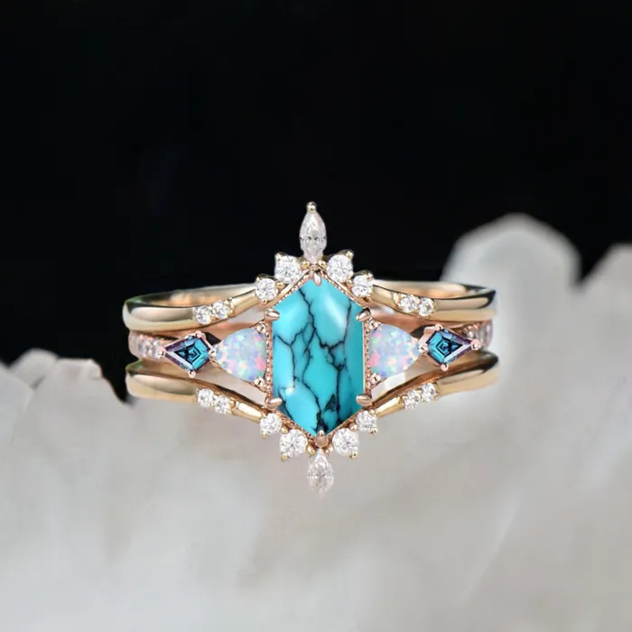 PENFINE Rings Vintage 5X9mm long hexagon turquoise engagement ring set unique triangle fire opal kite alexandrite wedding ring set double curved v band PENFINE Rings Vintage 5X9mm long hexagon turquoise engagement ring set unique triangle fire opal kite alexandrite wedding ring set double curved v band